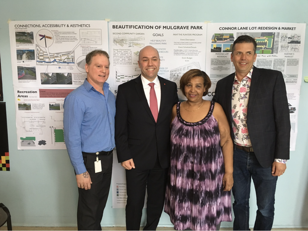 MP Andy Fillmore (second from left) and Elaine Williams (second from left), a lifelong Mulgrave Park resident, at the announcement